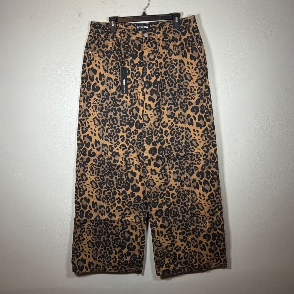 Fashion Nova Shes A Wild One Leopard Print Wide Leg Jeans Brown Size‎ 15 TTC220